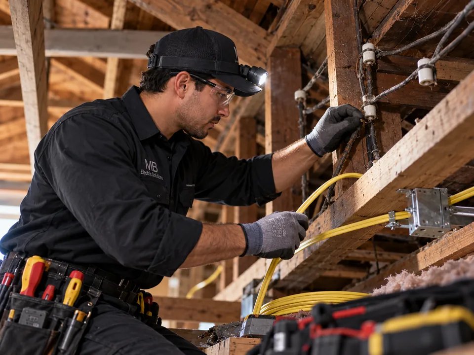 Electrician running new cable along the joists of an attic