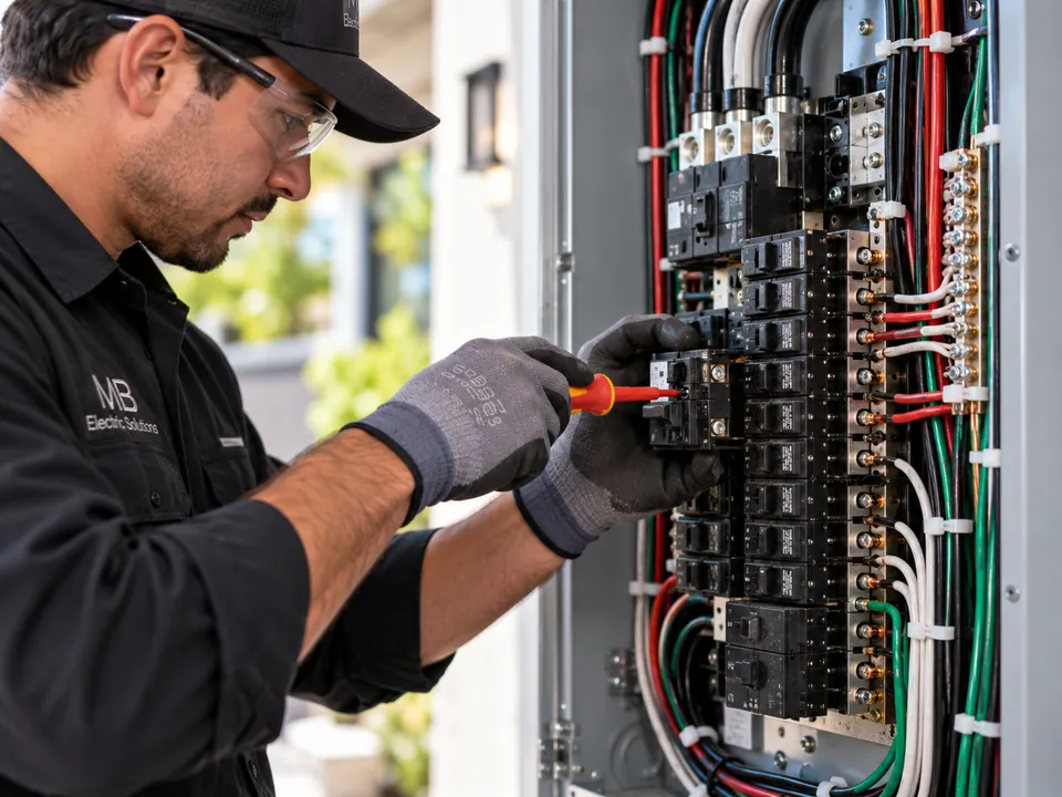 Close view of an electrician tightening a breaker in a panel