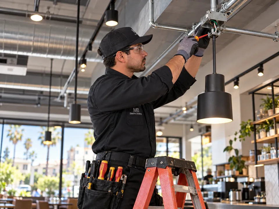Electrician installing pendant lights in a café with an open ceiling