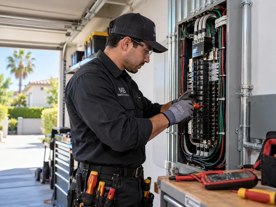 Electrician in an MB Electric Solutions uniform working on an open breaker panel in a garage