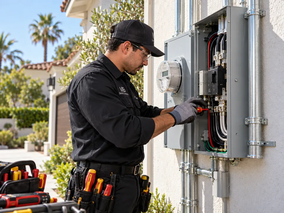 Electricista con uniforme de MB Electric Solutions revisando el tablero principal junto al medidor, en la pared exterior de una casa