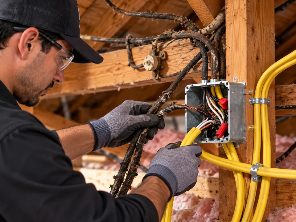 Electrician replacing old cloth-covered wiring with new cable in an attic