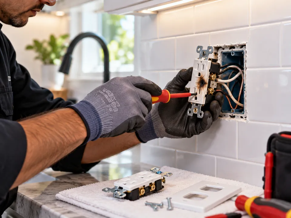 Electrician removing a scorched outlet from a kitchen wall, with the new outlet ready on the counter